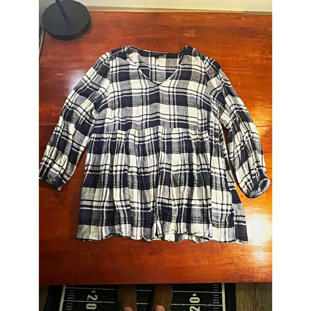 Lane Bryant Blue Plaid V-Neck 3/4 Sleeve Ruffle Blouse Sz 22 Holiday SOFT